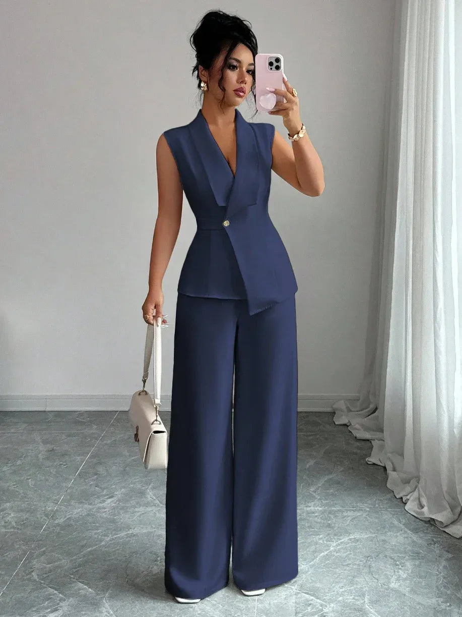 Women's Blazer & High-Waisted Wide-Leg Trousers Set