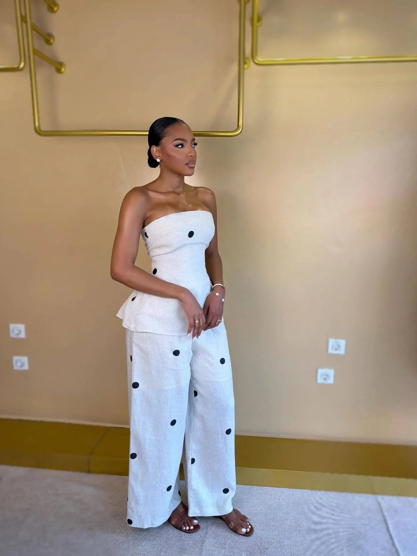 HLJ Women Polka Dot 2 Piece Outfits Elegant Bandeau Tube Top + High Waist Wide Leg Pants Set Summer Casual Streetwear Holidays LADYLYS
