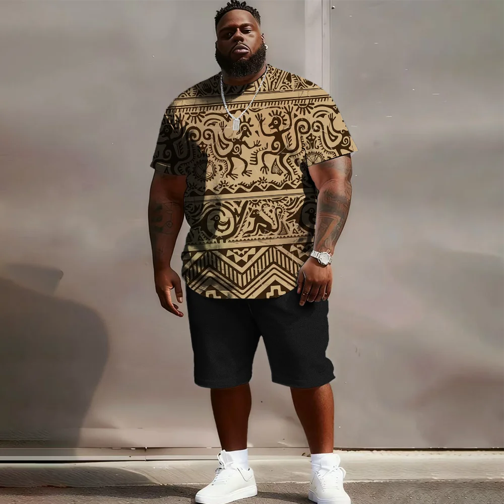 Men's Tiki Totem Print T-Shirt & Shorts Set, Tropical & Summer Style LADYLYS