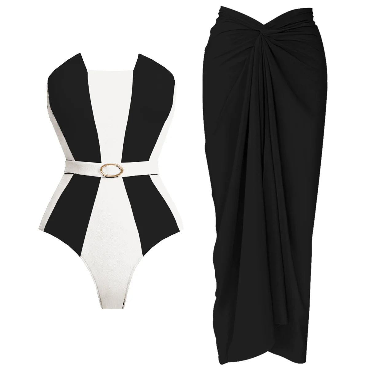 2Pcs Striped Swimsuit With Long Skirt Sexy Women Bikini Push Up Swimwear Halter LADYLYS
