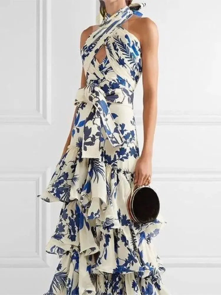 Elegant Womens Dress Floral Print Halter Neck Leace-up Off Shoulder LADYLYS