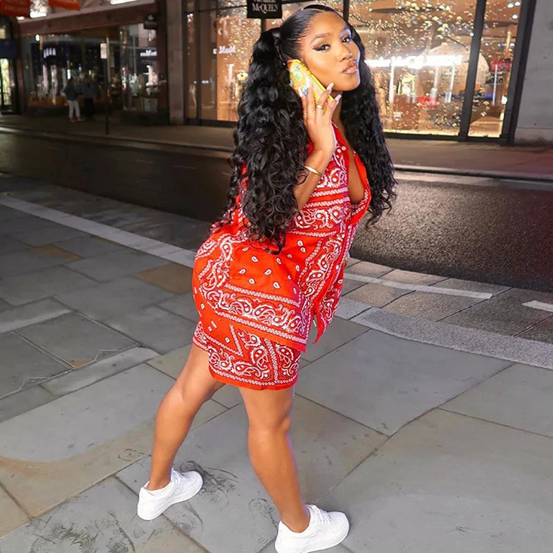 Women's Paisley Print Two-Piece Tracksuit – Short Sleeve Shirt & Shorts Set