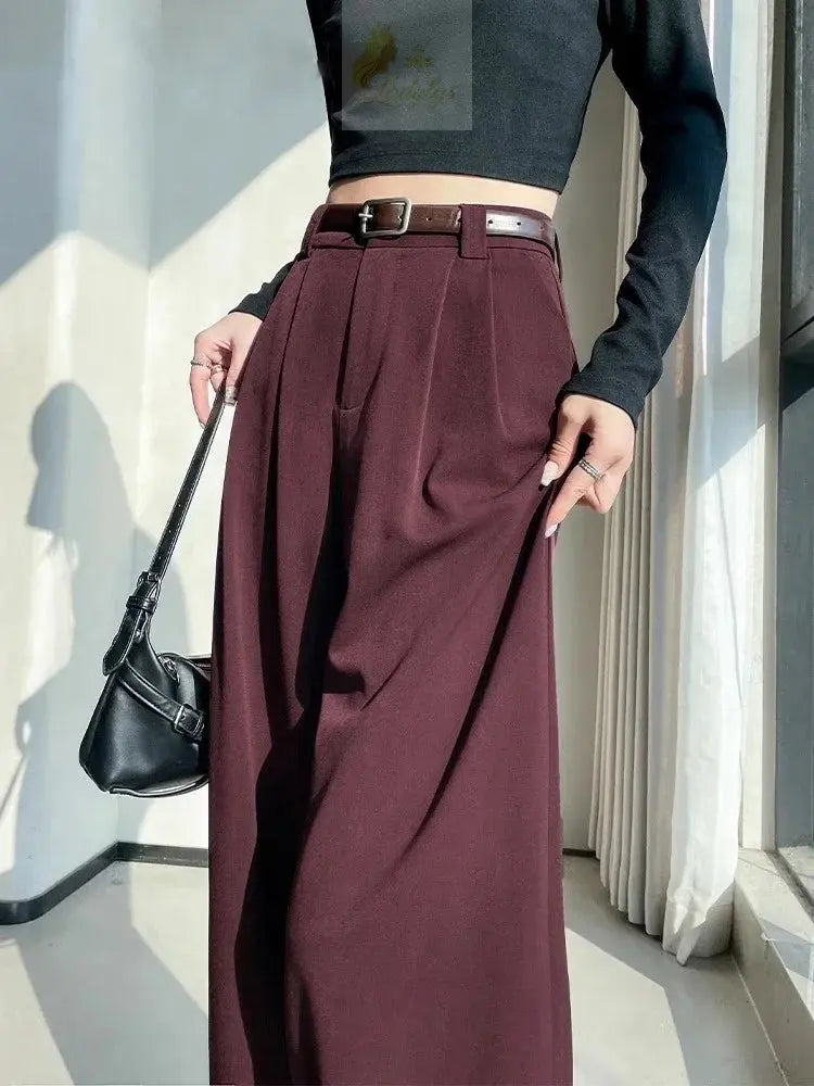 Botvotee Burgundy Suits Pants for Women Office Lady Elegant High Waist Wide Leg LADYLYS