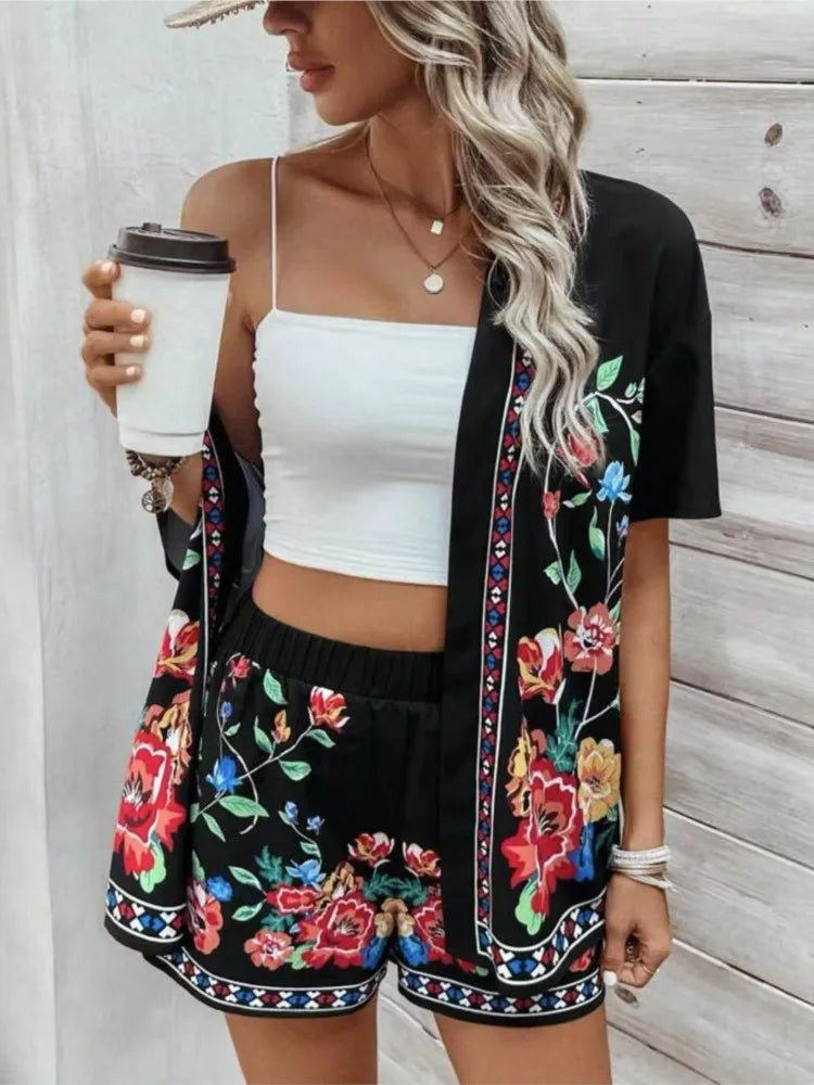 Casual Printed Cardigan Short-sleeved Top Shorts Two-piece Set LADYLYS