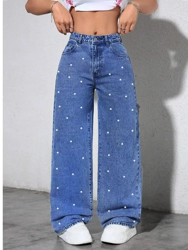 Women's High-Waist Straight-Leg Jeans with Beaded Details