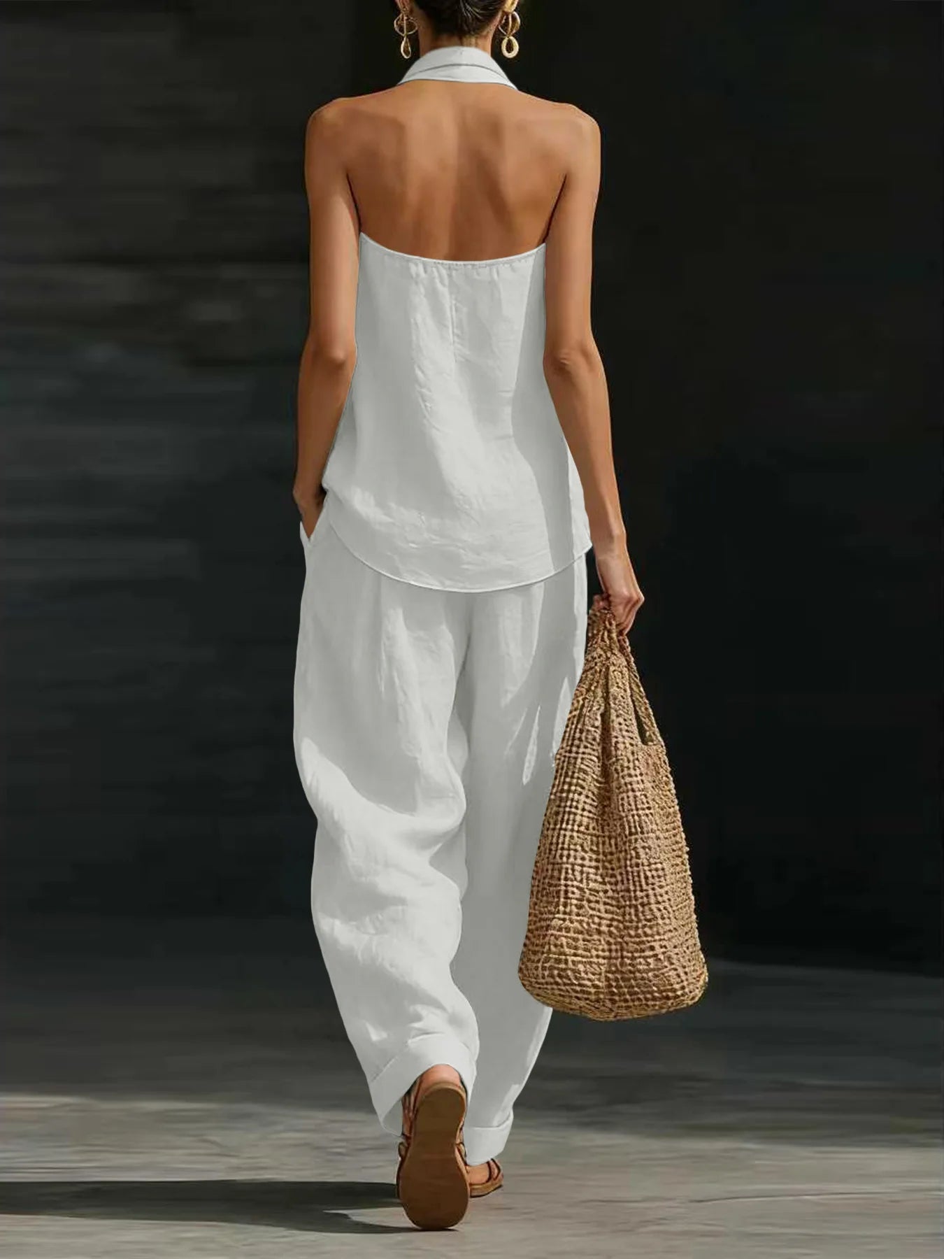 Women Linen 2 Piece Outfit Halter V Neck Sleeveless Tank Top Wide Leg Pants LADYLYS