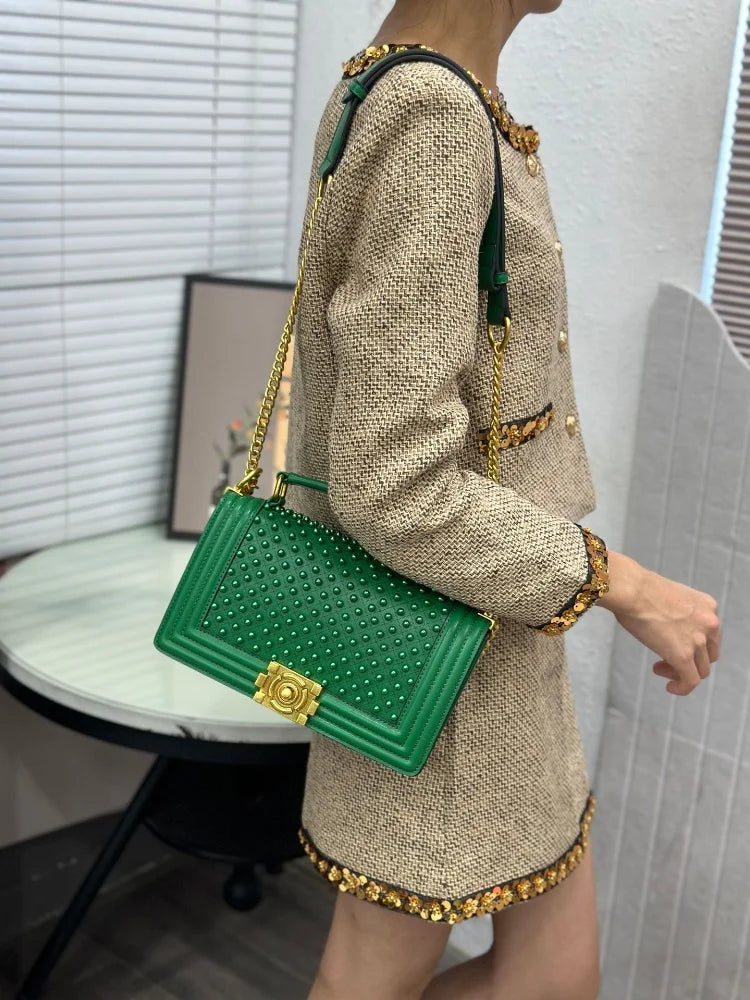 Luxury Designer Inlaid Pearls Lattice Embroidery Women's Shoulder Bag Fashion High-end Handbags Small Square Bag Versatile Purse LADYLYS