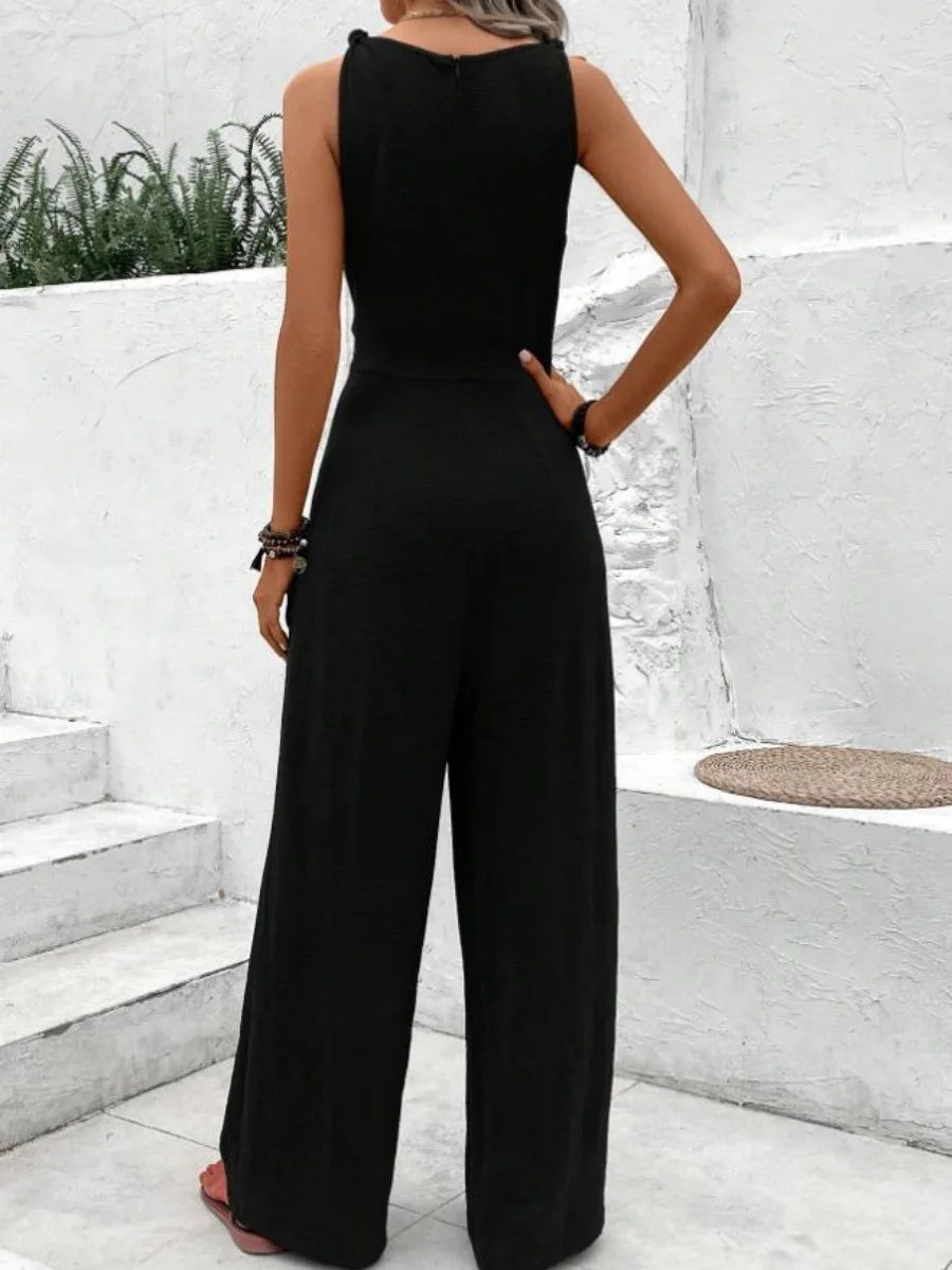 Solid Jumpsuit Casual Sleeveless V Neck Lace-Up Wide Leg Pants LADYLYS