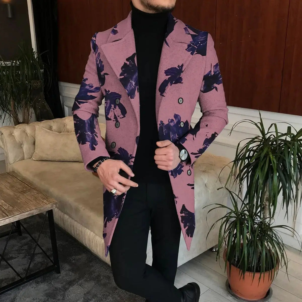 Men's Printed Long Overcoat with Lapel Collar and Button Front
