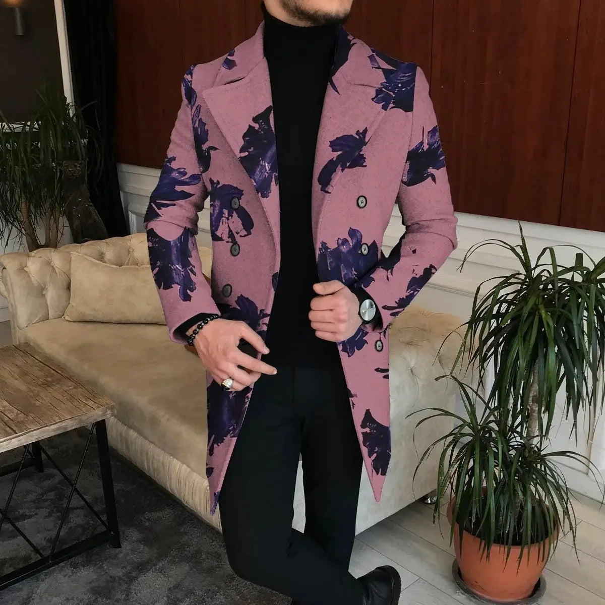 Men's Printed Long Overcoat with Lapel Collar and Button Front