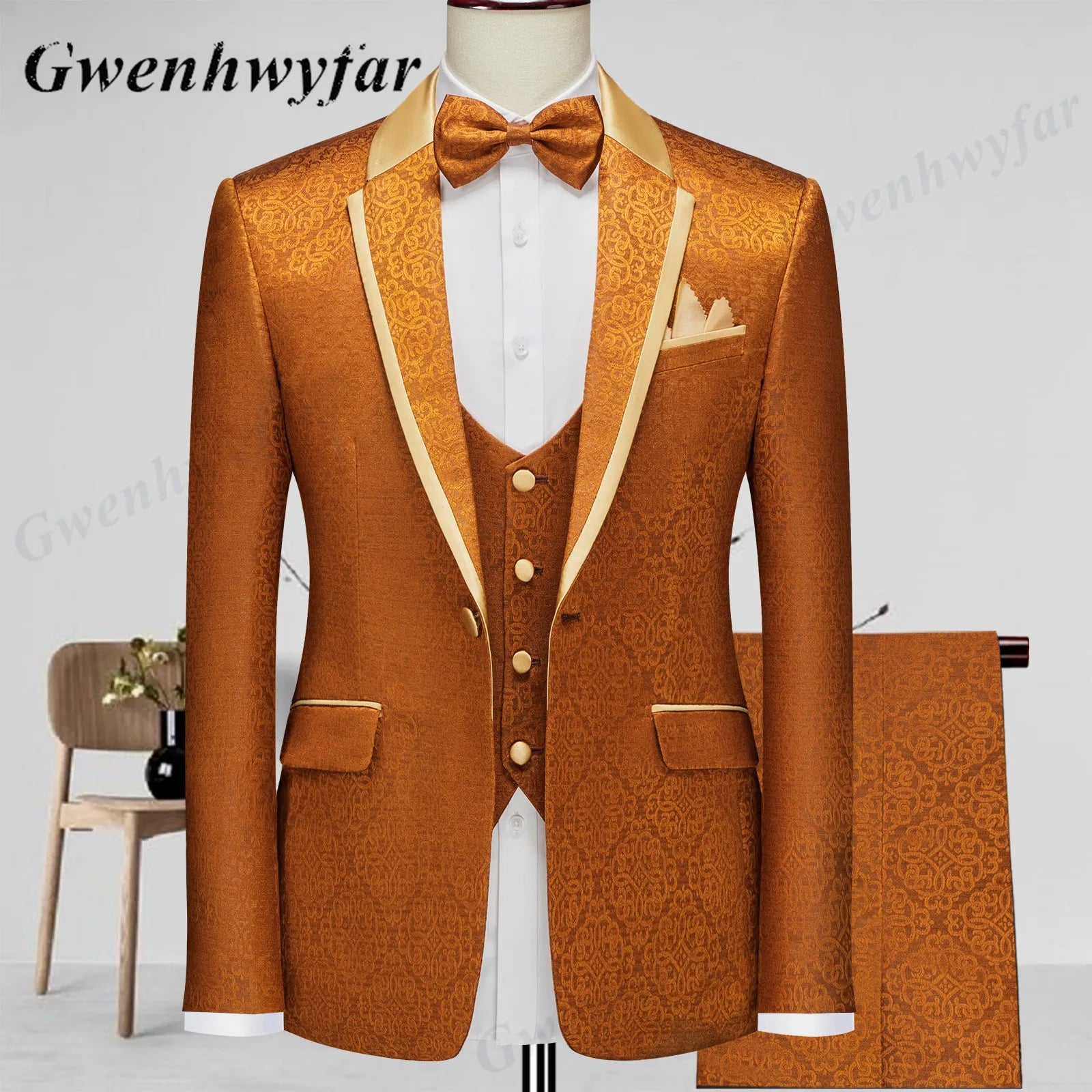 Men Suits Cashew Flower Jacquard Tuxedos Groom Wear Formal Party Suit LADYLYS