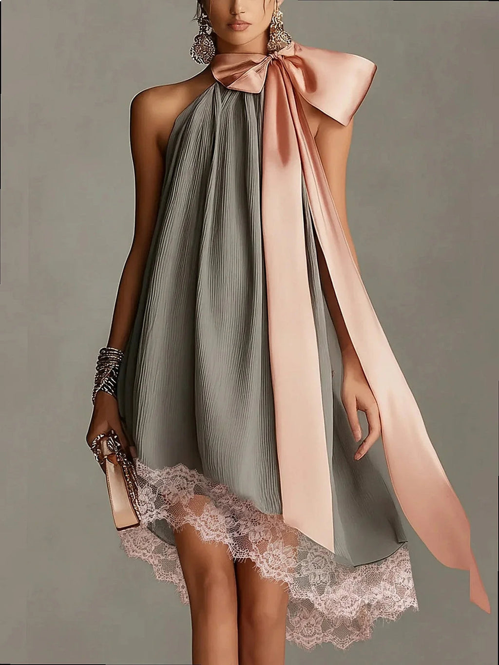 High Neck Irregular Chiffon Dress Dresses Tie Bow Flowy Long Dress Spring Summer LADYLYS