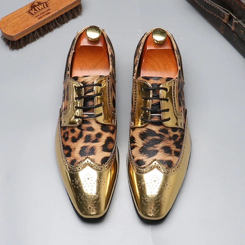 Men's Luxury Leopard Print Oxford Shoes — Gold & Silver Brogues LADYLYS