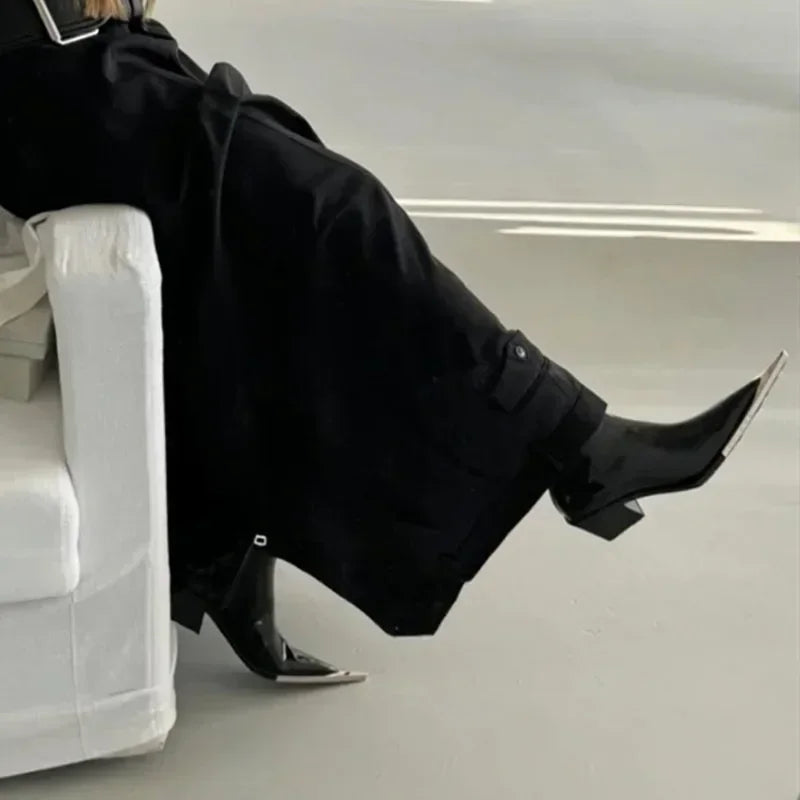 Women's Pointed Toe Chelsea Boots – Chunky Heel Metal Detail, Side Zip Ankle Boots
