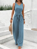 Solid Jumpsuit Casual Sleeveless V Neck Lace-Up Wide Leg Pants LADYLYS