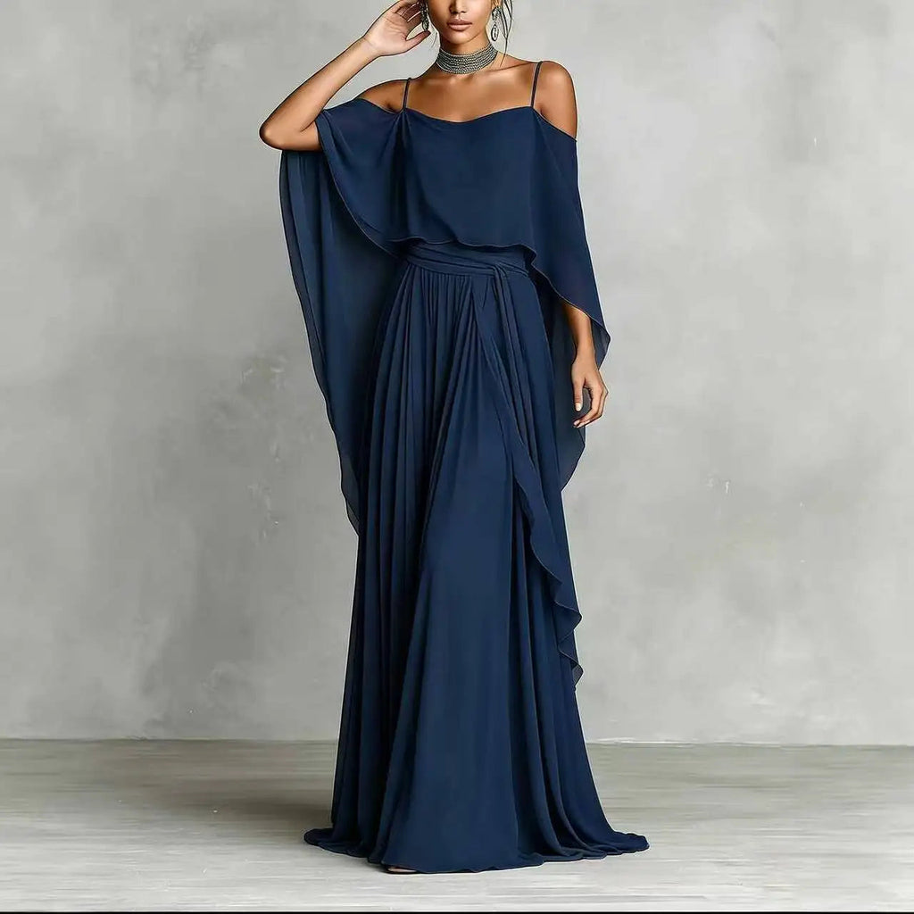 Summer Fashion Solid Chiffon Dress Elegant Off Shoulder Strap Bat Sleeve High Waist Long Dress Women Wedding Guest Outfits LADYLYS