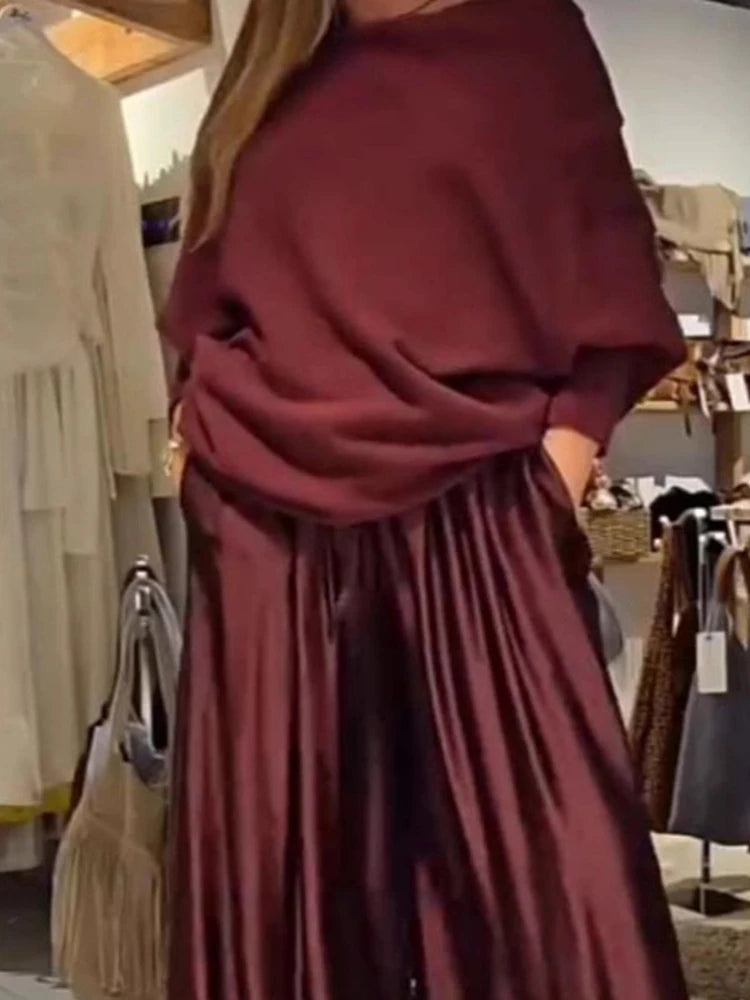 Elegant Slash Collar Off Shoulder Top&Satin Wide Leg Pants Sets Fashion Irregular Solid LADYLYS