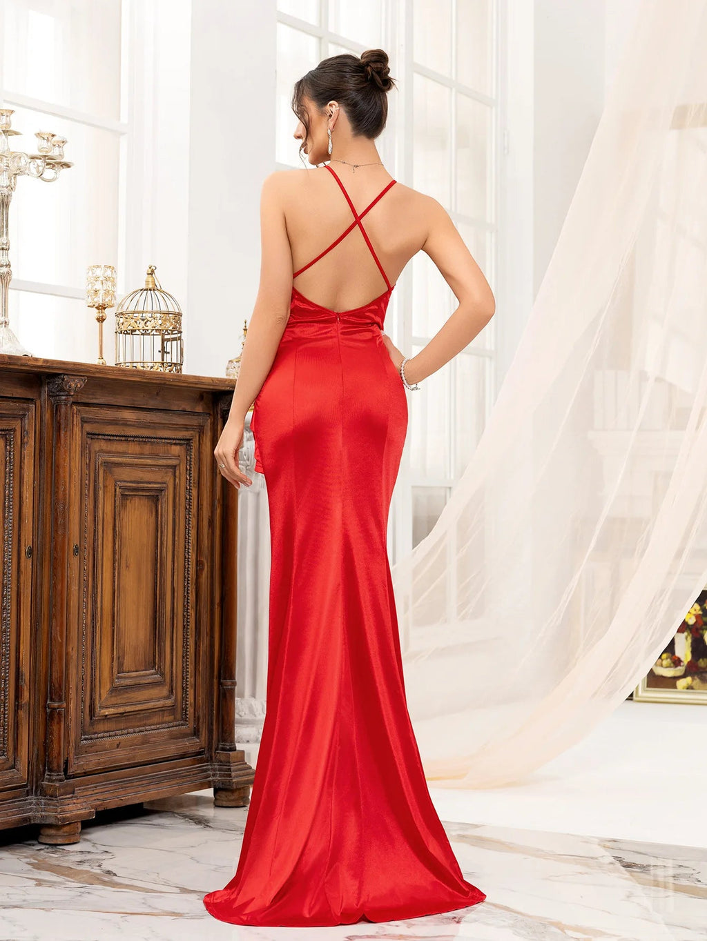 Summer New V-neck Strapless Fish-tail Pure Sexy Chic Polyester Lace-up Dress LADYLYS