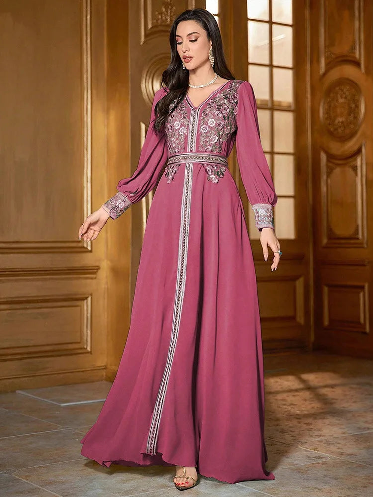 Eid femmes robe Abaya Caftan musulman col en V broderie robe de soirée Matutina-Chic