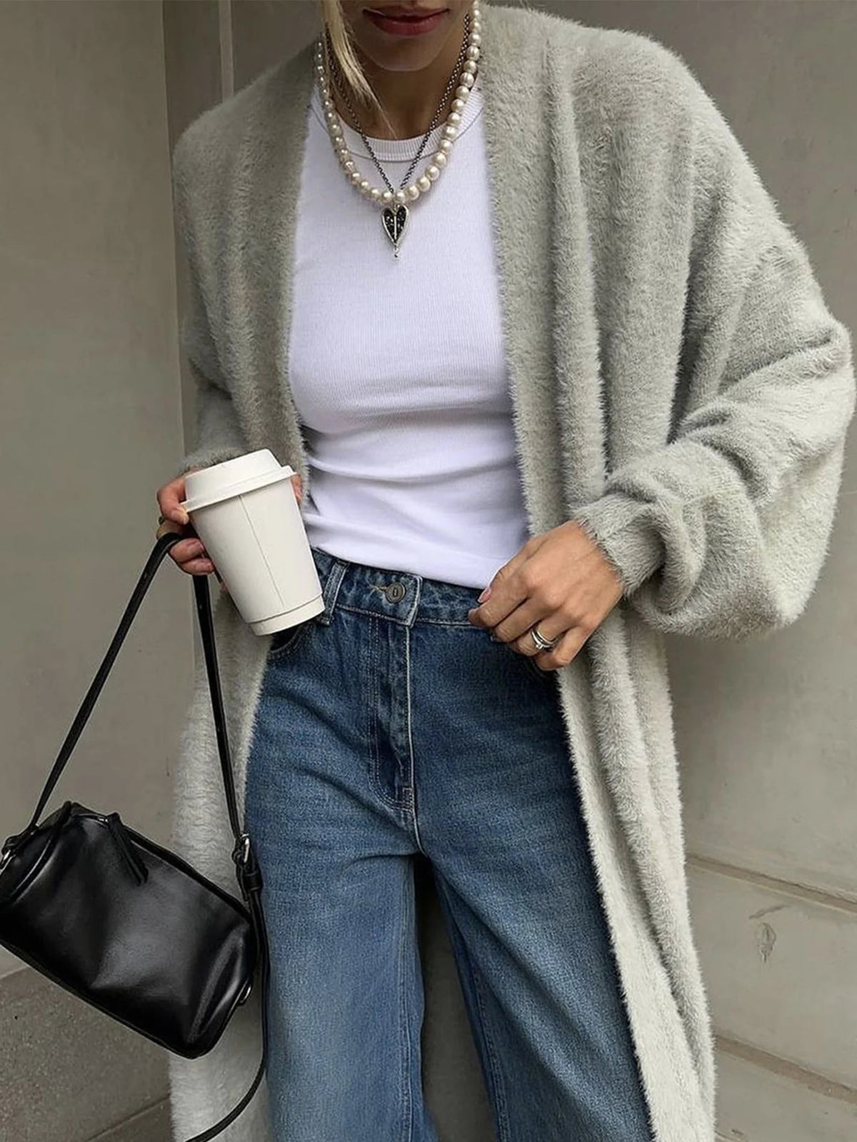 Women's Long Belted Knit Cardigan with V-Neck and Lantern Sleeves