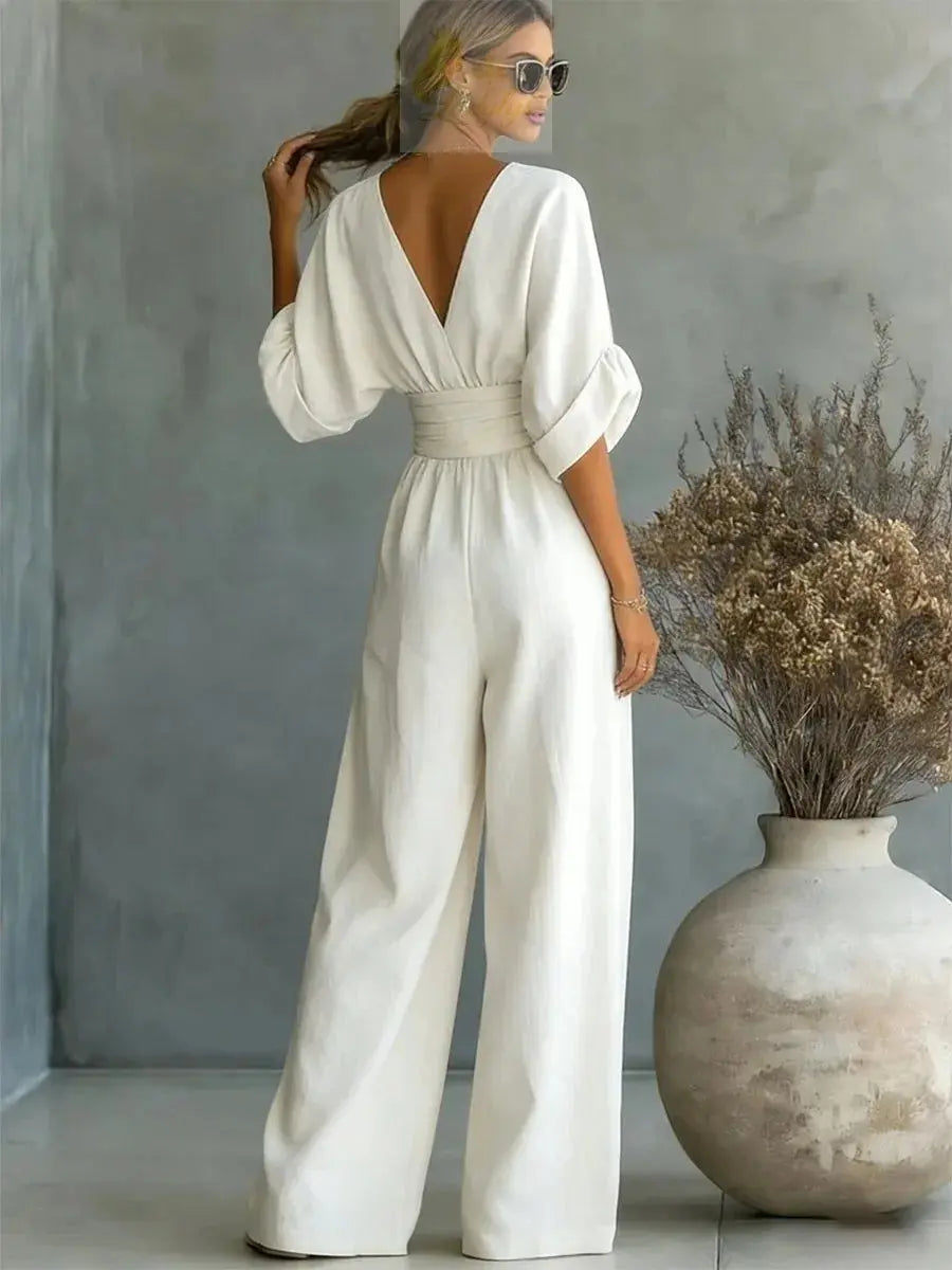 Jumpsuit Fashion High Waist V-neck Casual Sexy  Solid Color LADYLYS
