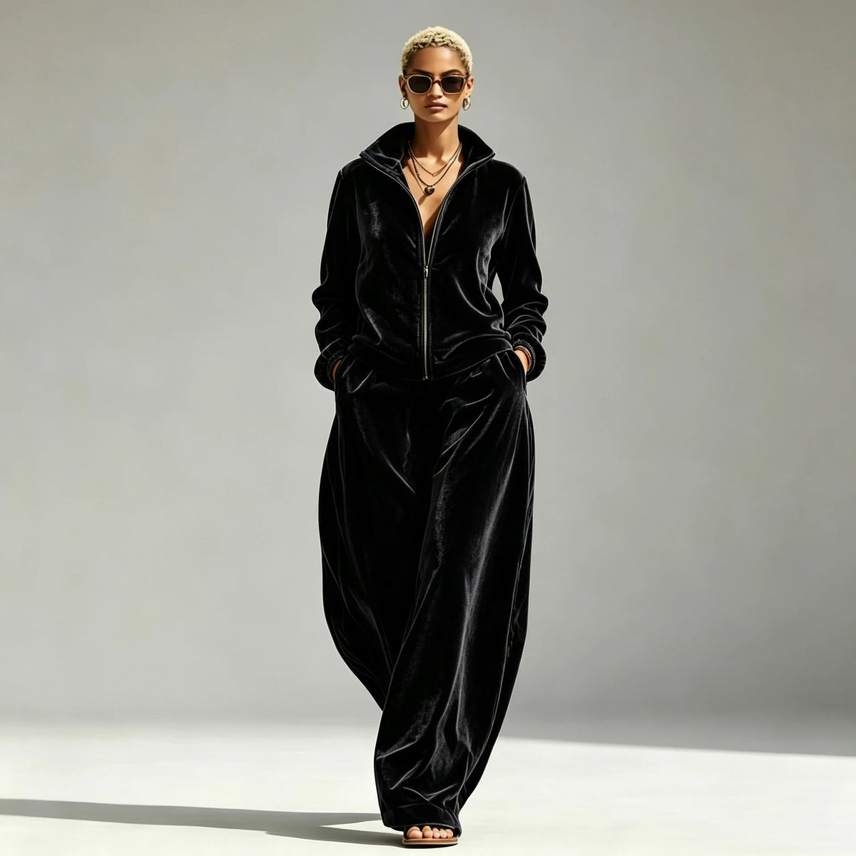 Women's Velvet Two-Piece Set with Wide-Leg Pants