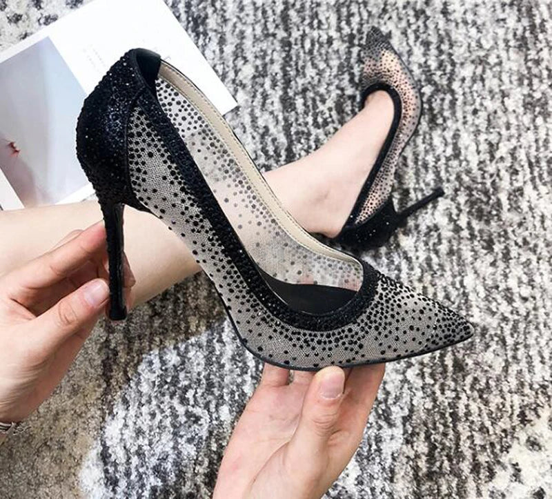 Women's Crystal Rhinestone Mesh Stiletto Pumps – Glitter Heels for Wedding & Party