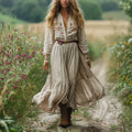 Vintage V-Neck Country Style Printed Long-Sleeve Dress LADYLYS