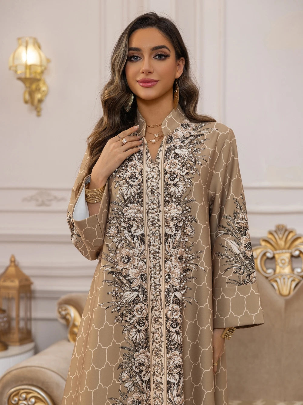 Floral Printing Unique Arabic Evening Dress, Charming Pearls Long Sleeves Cocktail Gown LADYLYS