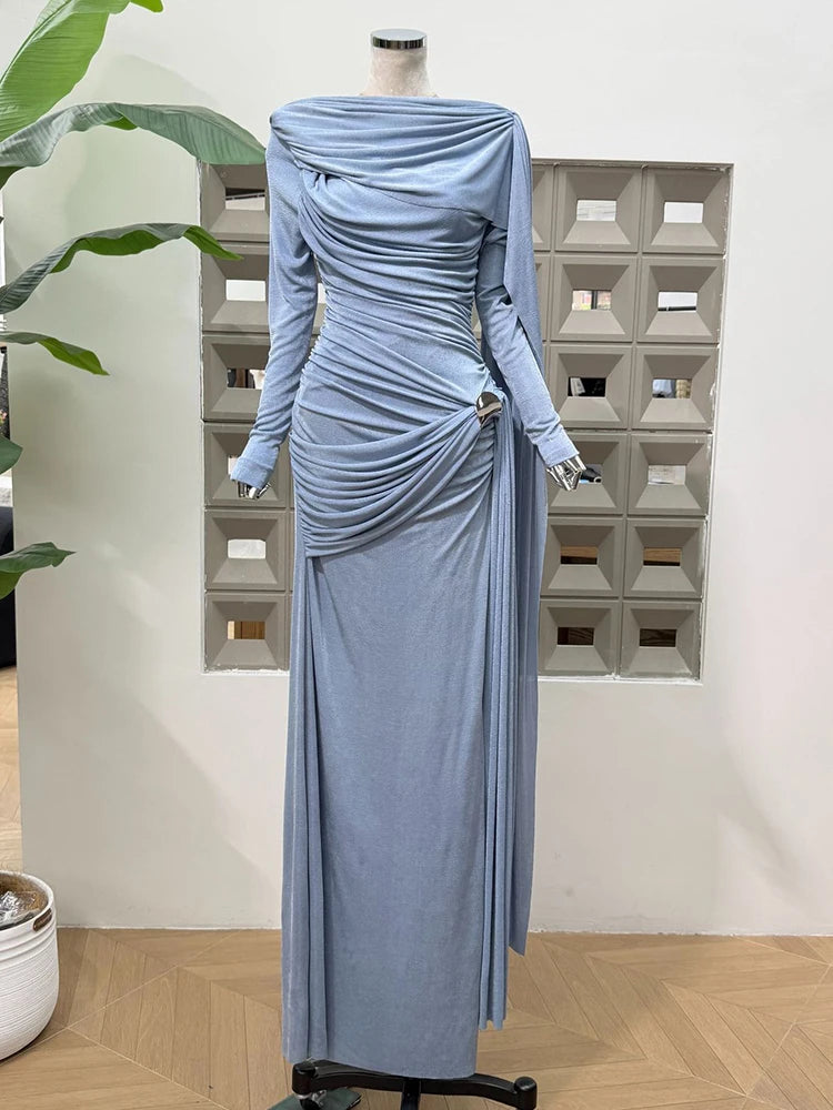 Slash Neck Long Sleeve Slim Midi Dress – Ribbon Waist Elegant Evening Wear