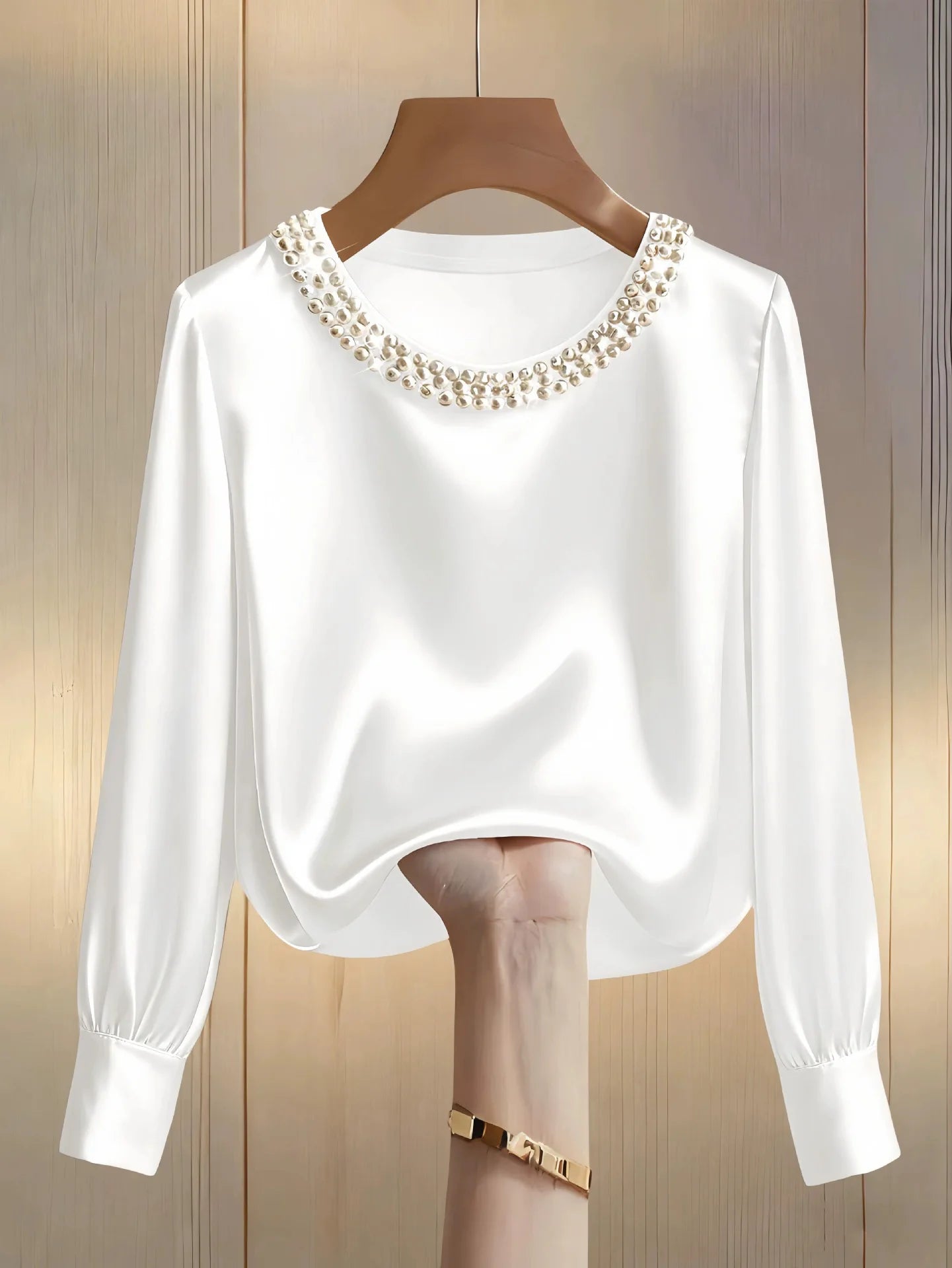Elegant Satin Shirt Women Spring Autumn Bead Design Long Sleeve Silk Blouse Women Fashion O Neck Loose Pullover Tops LADYLYS