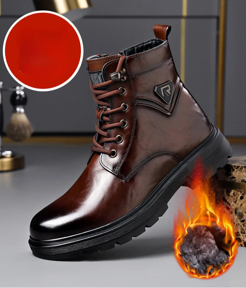 Men's Genuine Leather Platform Ankle Boots – Lace-Up Wool-Lined Waterproof Work Boots