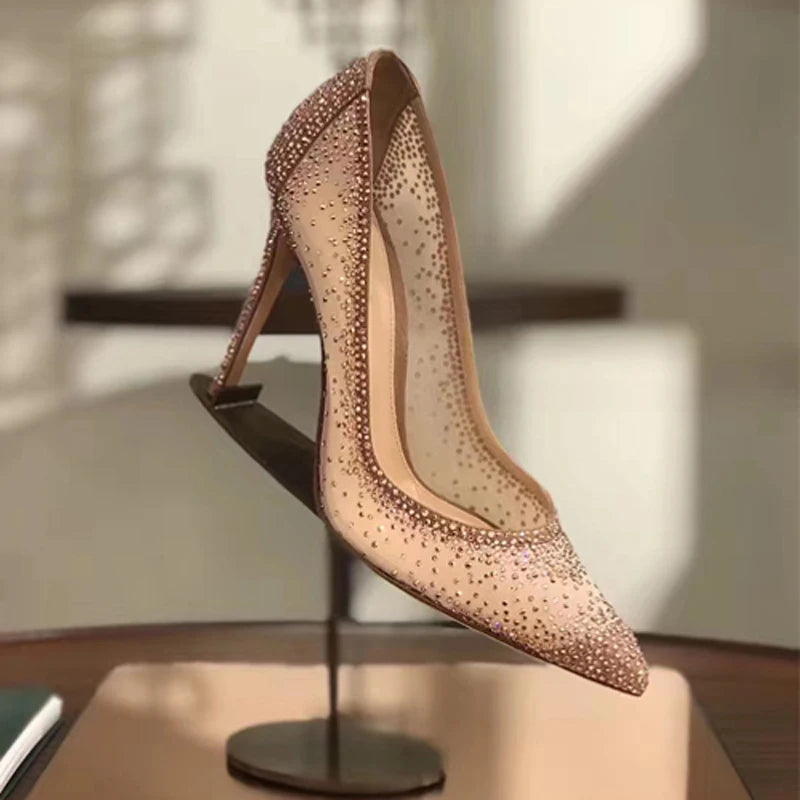 Women's Crystal Rhinestone Mesh Stiletto Pumps – Glitter Heels for Wedding & Party