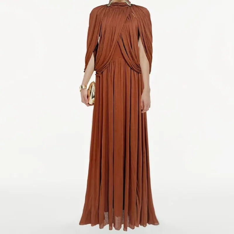 Chic Chiffon Pleated Maxi Dress Women Elegant Flutter Sleeve Turtleneck LADYLYS