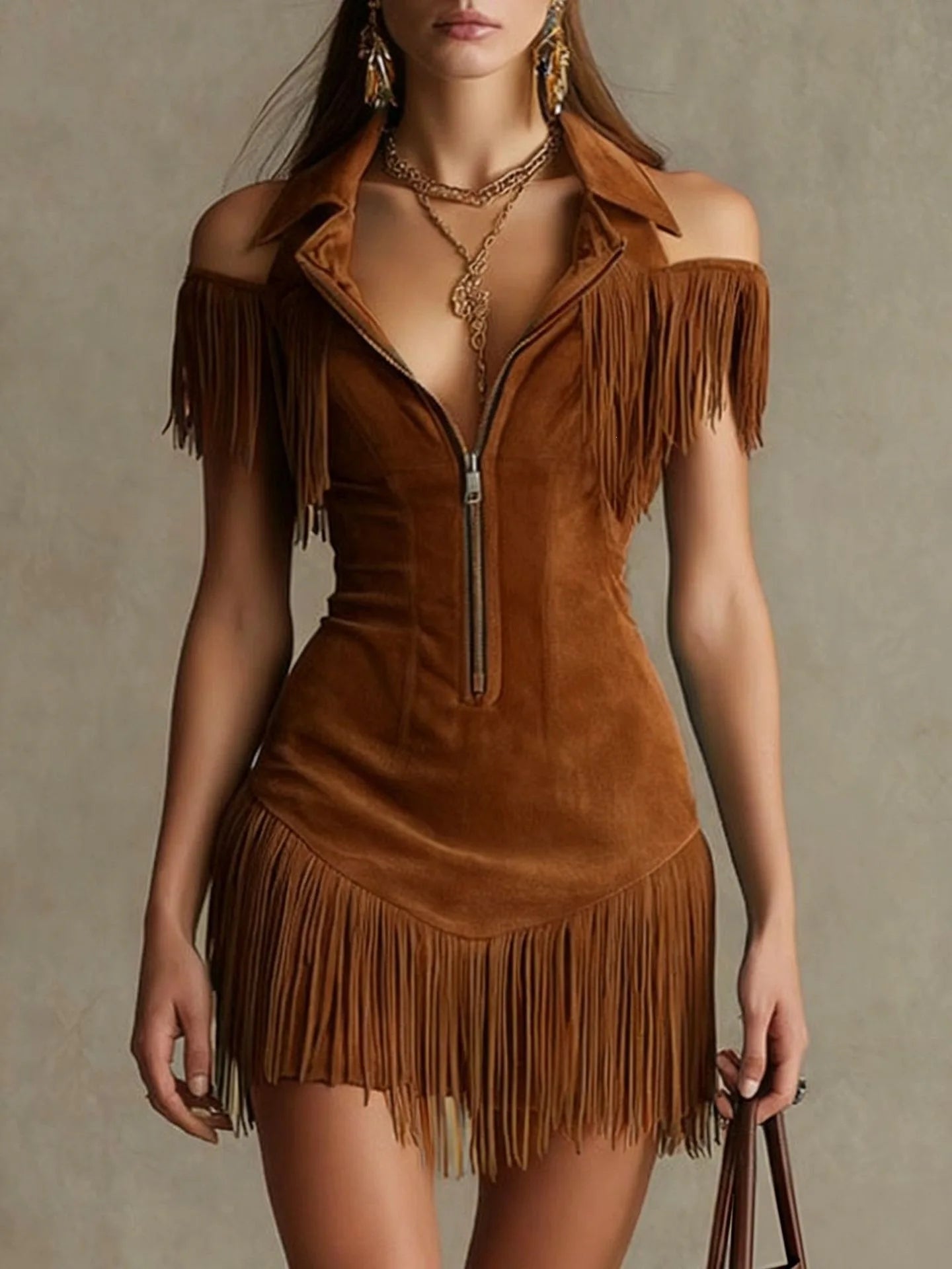 Suede Fringe Bodycon Mini Dress – Cold Shoulder Zip-Up Western Style Dress