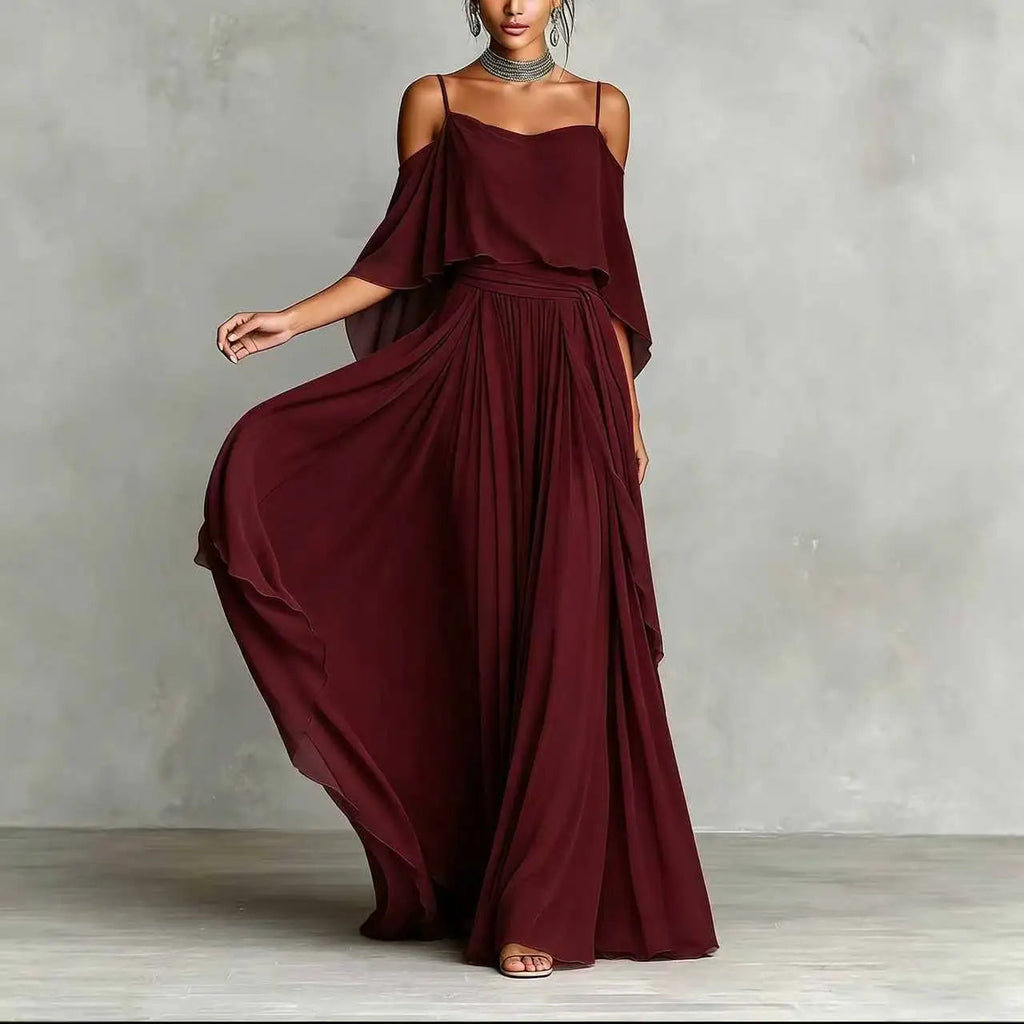Summer Fashion Solid Chiffon Dress Elegant Off Shoulder Strap Bat Sleeve High Waist Long Dress Women Wedding Guest Outfits LADYLYS