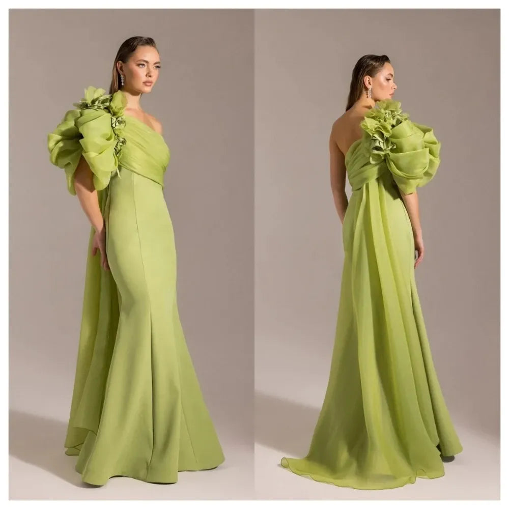 One-Shoulder Pleated Jersey Mermaid Evening Dress