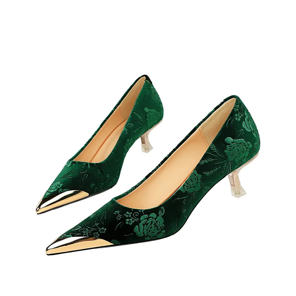 Vintage Suede Print 4cm High Heels Pumps Female Chic Metal Pointed Toe Elegant LADYLYS