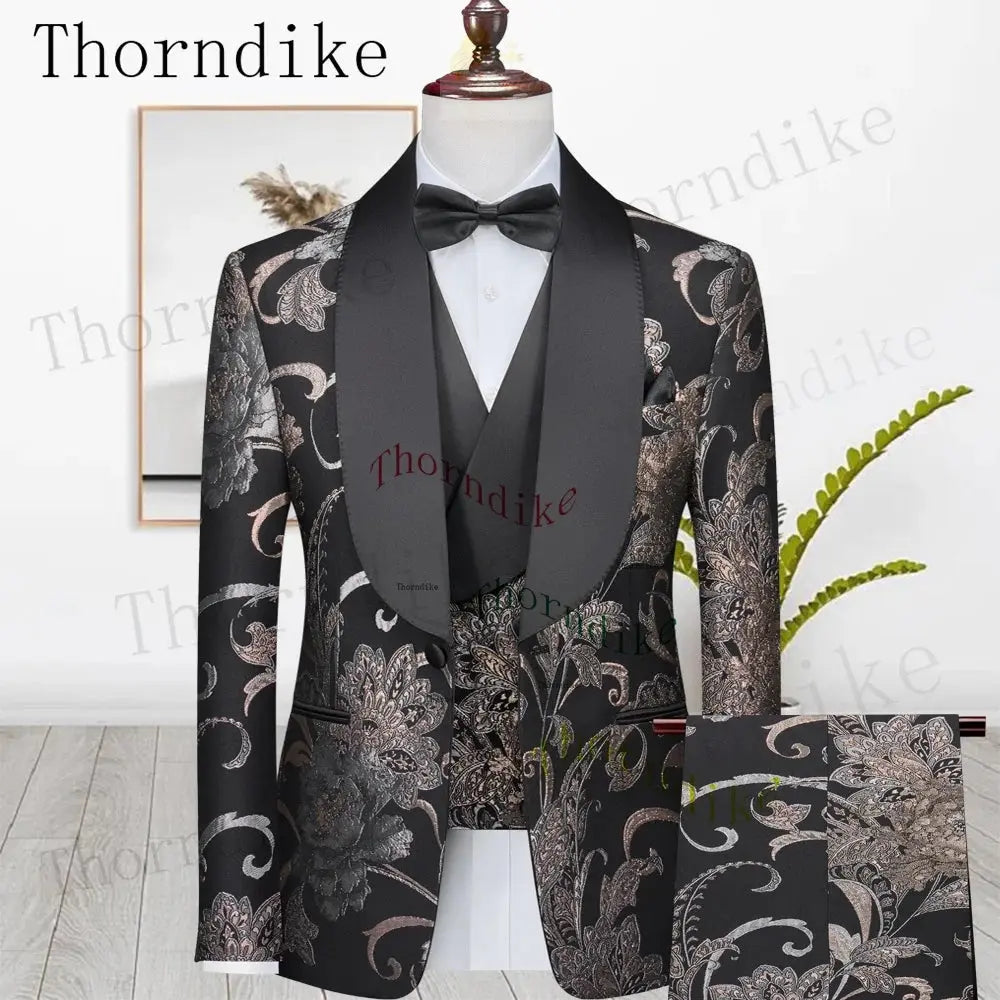 Men Sliver&Golden Pattern Wedding Suits Slim Fit Single Breasted Prom Blazers Pants Vest LADYLYS