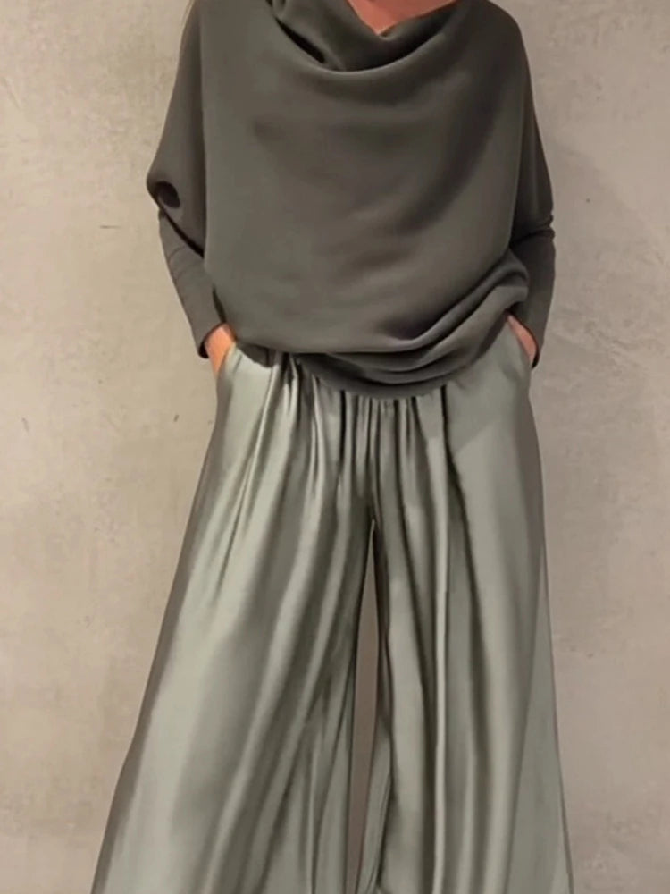 Elegant Slash Collar Off Shoulder Top&Satin Wide Leg Pants Sets Fashion Irregular Solid LADYLYS