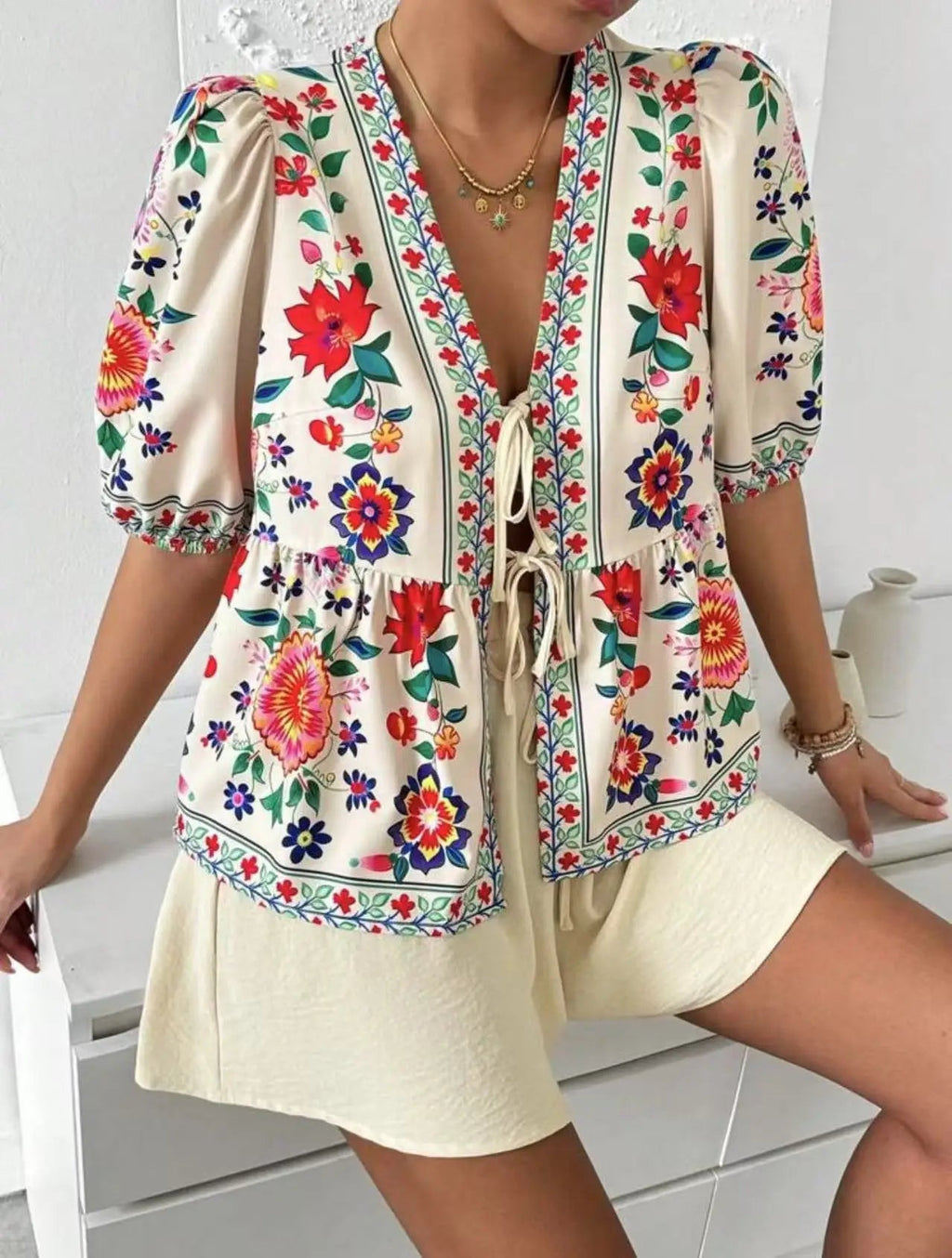 Printed Cardigan Short-sleeved Top Shorts 2-piece Set LADYLYS