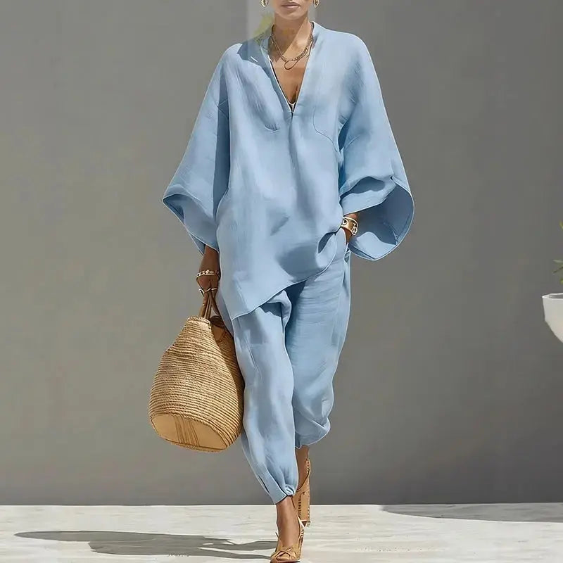 Female Clothing Two Piece Set Spring V Neck Loose Top Pullover & Long Pants Vintage LADYLYS
