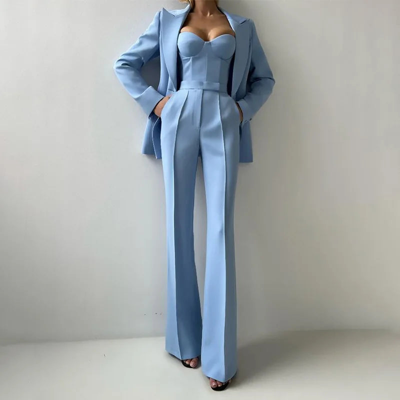 New Light Blue Emerald Violet Color Options Strapless Top Flare Pants Blazer Suit Temperament Commute Three Piece Women Outfit LADYLYS