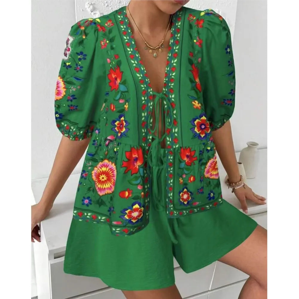 Printed Cardigan Short-sleeved Top Shorts 2-piece Set LADYLYS