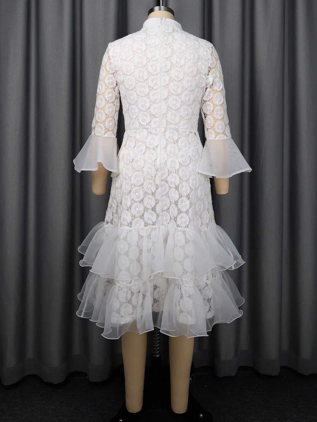 Tiered Dresses Solid Hollow Out Mid Calf Lenth Flared LADYLYS