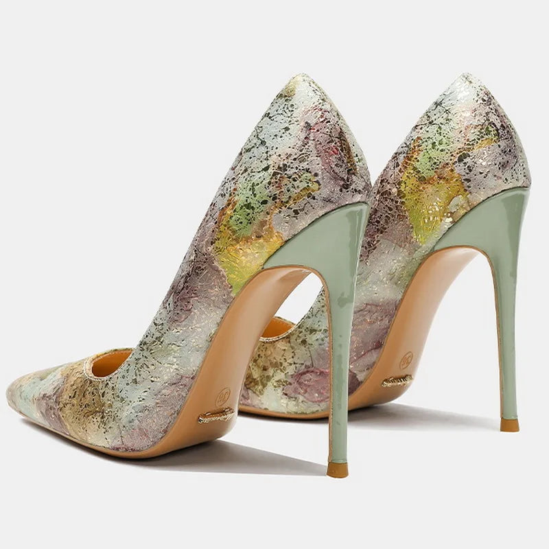 Women Cowhide High Heel Shoes Printed Leather Versatile Pumps LADYLYS