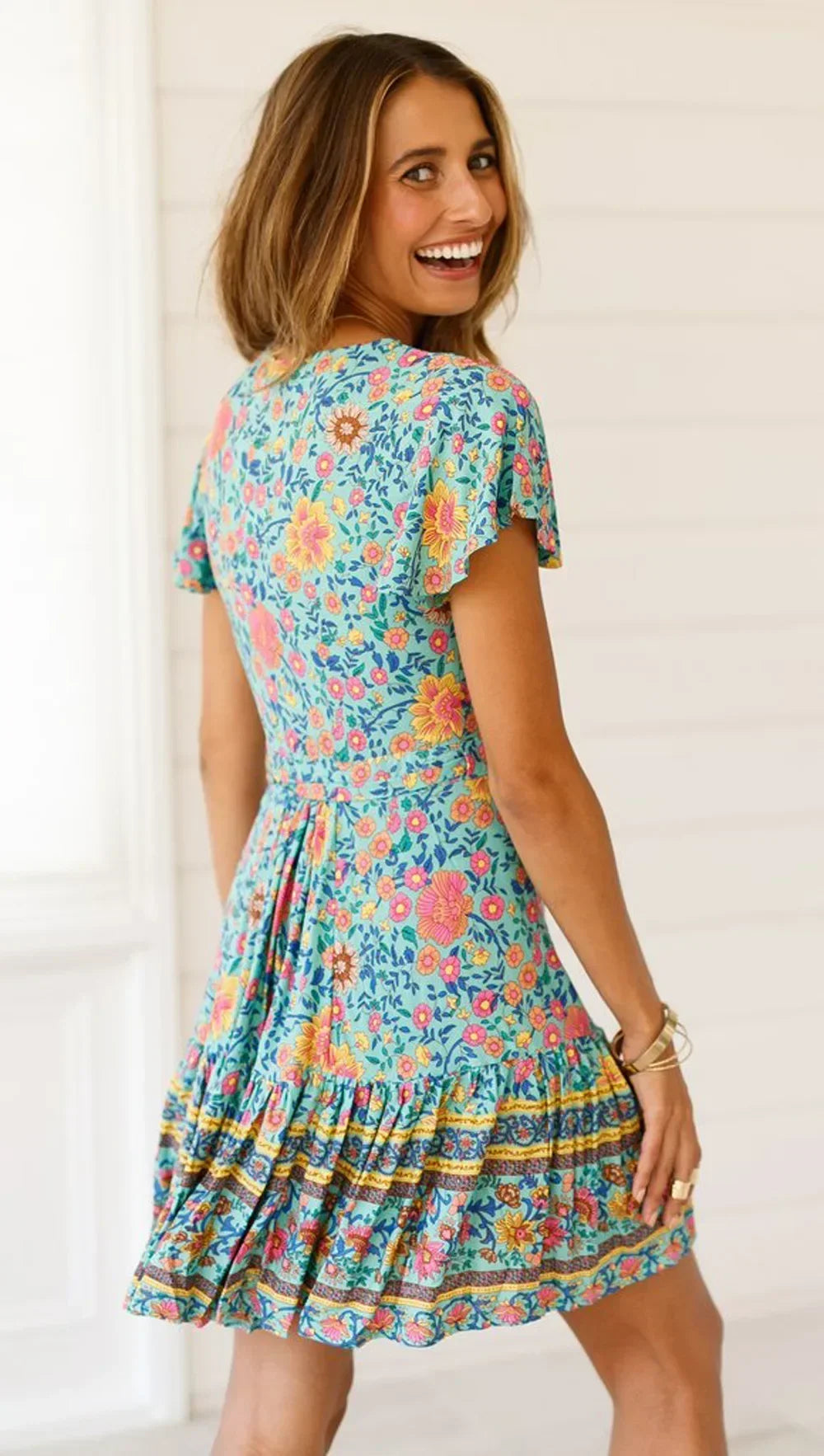 Boho Queens Fashion Women Hippie  Floral Print V-neck Sashes Bohemian Mini Dress LADYLYS