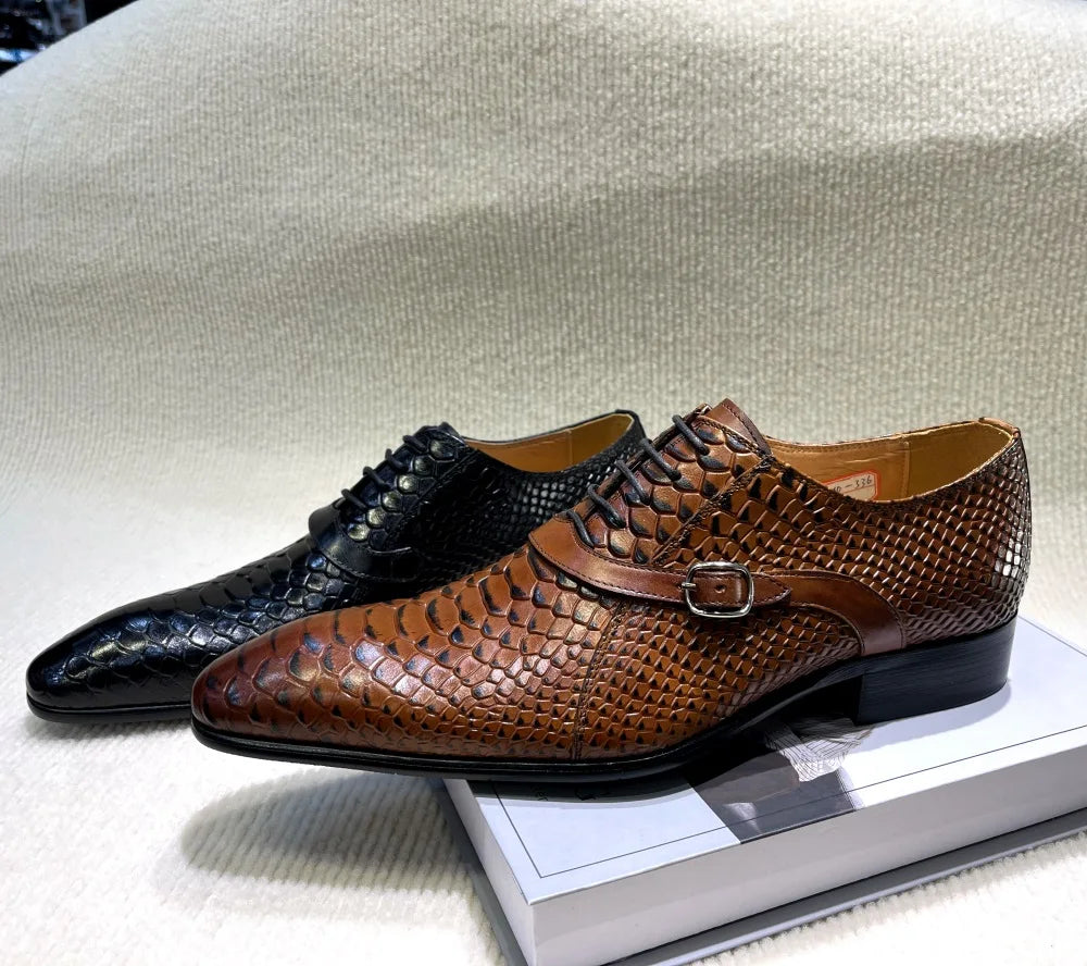 Italian-Style Handcrafted Leather Oxford Shoes – Python Pattern, Pointed Toe