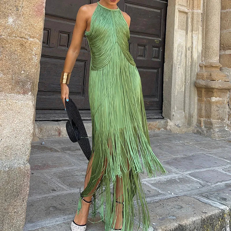 Halter Tassel Long Dress Sexy Off Shoulder Sleeveless Evening Dress Elegant LADYLYS