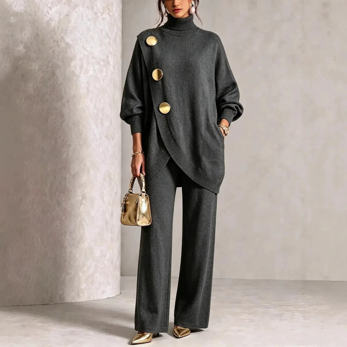 Women's Knit 2-Piece Set: Turtleneck Sweater and Wide-Leg Trousers